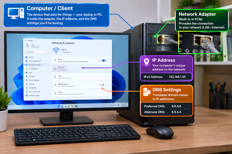 Computer / client - The device that asks for things — your laptop or PC. It holds the adapter, the IP address, and the DNS settings you'll be testing.